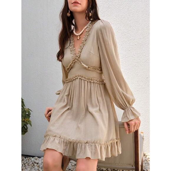 SHEIN Casual Vcay Frill Trim Flare Sleeve Ruffle Hem Dress Army Green Large Boho - Picture 13 of 15